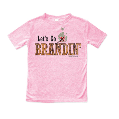 A stylish western-themed cotton candy pink colored toddler t-shirt featuring the phrase 'Let's Go Brandin'' prominently printed in bold, weathered letters across the chest. Above the shirt is is an illustration of a branding iron, evoking a rustic cowboy aesthetic. Kids Western wear, Ranch wear and Rodeo wear.