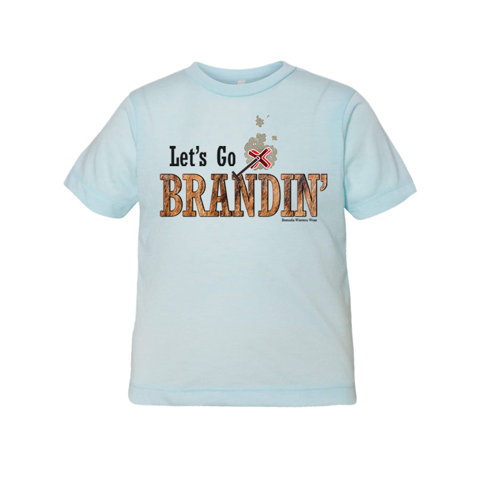 A stylish western-themed light ice blue colored toddler t-shirt featuring the phrase 'Let's Go Brandin'' prominently printed in bold, weathered letters across the chest. Above the shirt is is an illustration of a branding iron, evoking a rustic cowboy aesthetic. Kids Western wear, Ranch wear and Rodeo wear.