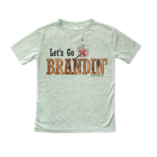 A stylish western-themed sage green heather colored toddler t-shirt featuring the phrase 'Let's Go Brandin'' prominently printed in bold, weathered letters across the chest. Above the shirt is is an illustration of a branding iron, evoking a rustic cowboy aesthetic. Kids Western wear, Ranch wear and Rodeo wear.