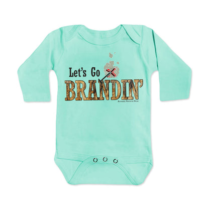 A stylish western-themed mint green colored infant long sleeve one piece romper bodysuit featuring the phrase 'Let's Go Brandin'' prominently printed in bold, weathered letters across the chest. Above the shirt is is an illustration of a branding iron, evoking a rustic cowboy aesthetic. Kids Western wear, Ranch wear and Rodeo wear.