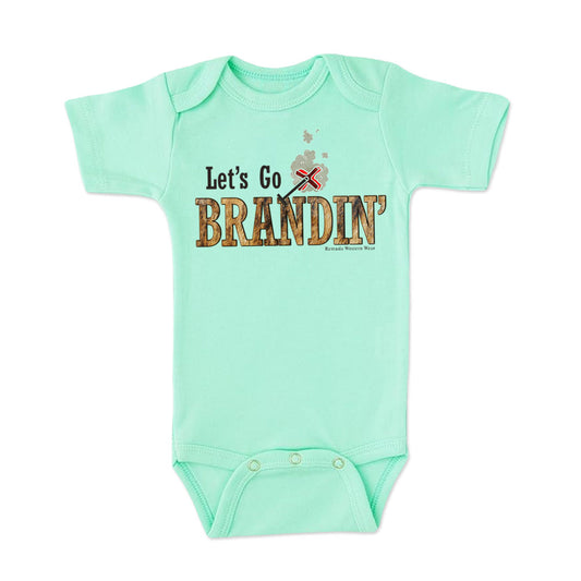 A stylish western-themed mint green colored infant short sleeve one piece romper bodysuit featuring the phrase 'Let's Go Brandin'' prominently printed in bold, weathered letters across the chest. Above the shirt is is an illustration of a branding iron, evoking a rustic cowboy aesthetic. Kids Western wear, Ranch wear and Rodeo wear.