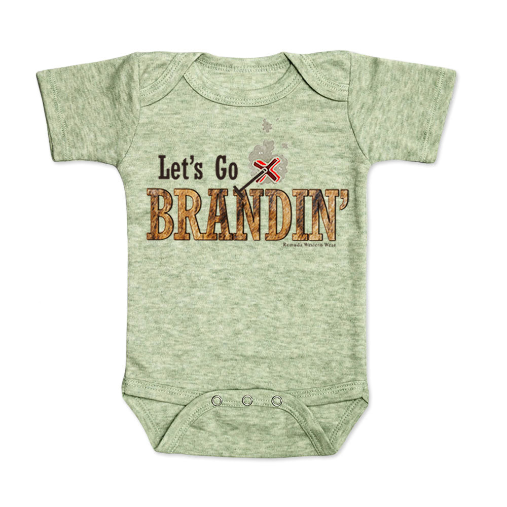 A stylish western-themed heather sage green colored infant short sleeve onesie featuring the phrase 'Let's Go Brandin'' prominently printed in bold, weathered letters across the chest. Above the shirt is is an illustration of a branding iron, evoking a rustic cowboy aesthetic. Kids Western wear, Ranch wear and Rodeo wear.