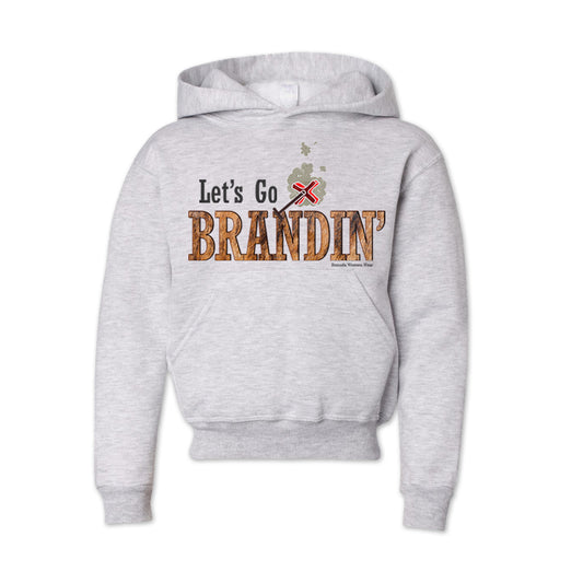 A vintage light ash gray colored youth hoodie with the phrase 'Let's Go Brandin'' printed in bold western letters across the chest. Above the text is an illustration of a classic western-style branding iron, emitting a faint glow of heat. The branding iron features a distinctive 'X' emblem, reminiscent of cattle branding. A great shirt for kids western wear, ranch wear, or rodeo wear.