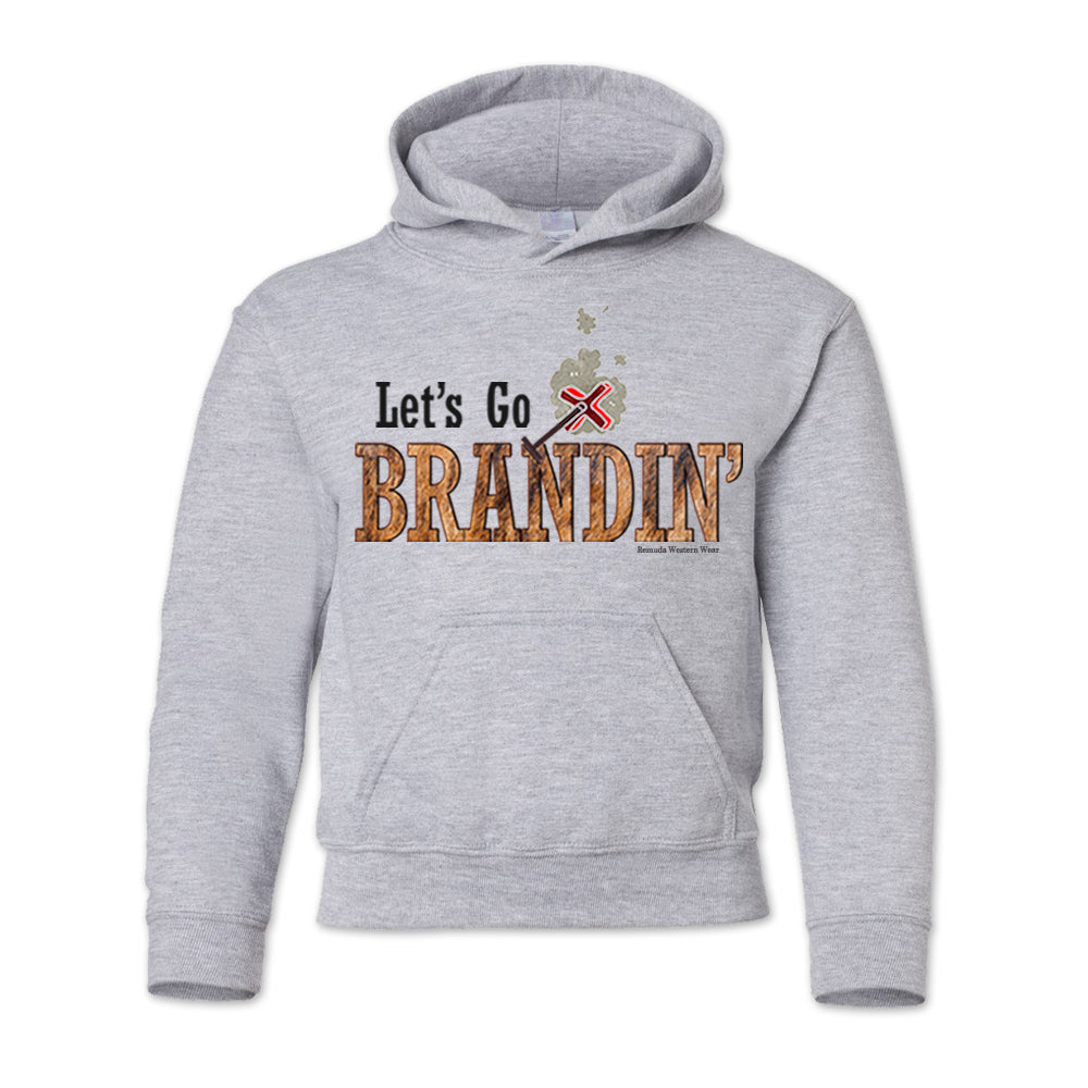 A vintage sport gray colored youth hoodie with the phrase 'Let's Go Brandin'' printed in bold western letters across the chest. Above the text is an illustration of a classic western-style branding iron, emitting a faint glow of heat. The branding iron features a distinctive 'X' emblem, reminiscent of cattle branding. A great shirt for western wear, ranch wear, or rodeo wear.