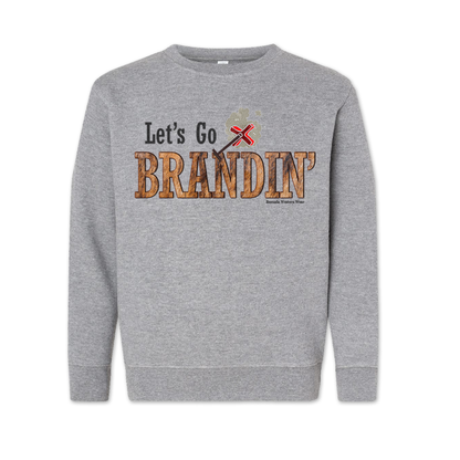 A youth vintage heather gray colored sweatshirt with the phrase 'Let's Go Brandin'' printed in bold western letters across the chest. Above the text is an illustration of a classic western-style branding iron, emitting a faint glow of heat. The branding iron features a distinctive 'X' emblem, reminiscent of cattle branding. A great shirt for western wear, ranch wear, or rodeo wear.