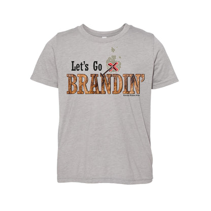 A stylish western-themed athletic heather gray colored youth t-shirt featuring the phrase 'Let's Go Brandin'' prominently printed in bold, weathered letters across the chest. Above the shirt is is an illustration of a branding iron, evoking a rustic cowboy aesthetic. Kids Western wear, Ranch wear and Rodeo wear.