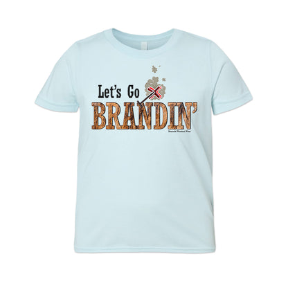 A stylish western-themed light ice blue colored youth t-shirt featuring the phrase 'Let's Go Brandin'' prominently printed in bold, weathered letters across the chest. Above the shirt is is an illustration of a branding iron, evoking a rustic cowboy aesthetic. Kids Western wear, Ranch wear and Rodeo wear.