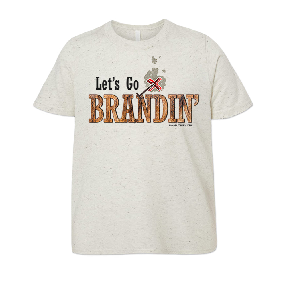 A stylish western-themed oatmeal colored youth t-shirt featuring the phrase 'Let's Go Brandin'' prominently printed in bold, weathered letters across the chest. Above the shirt is is an illustration of a branding iron, evoking a rustic cowboy aesthetic. Kids Western wear, Ranch wear and Rodeo wear.