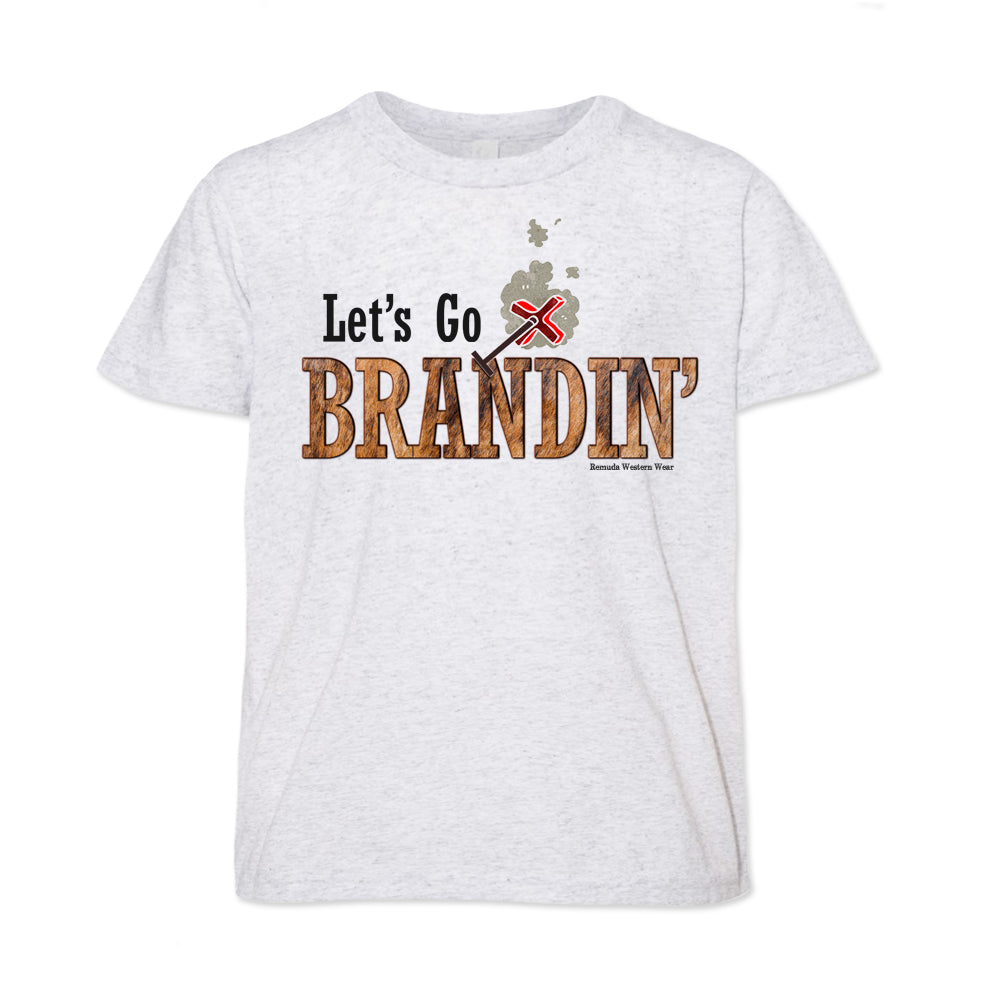 A stylish western-themed white fleck colored youth t-shirt featuring the phrase 'Let's Go Brandin'' prominently printed in bold, weathered letters across the chest. Above the shirt is is an illustration of a branding iron, evoking a rustic cowboy aesthetic. Kids Western wear, Ranch wear and Rodeo wear.