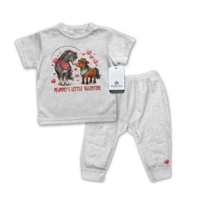 Mommy’s Little Valentine Cowboy gray infant western boys 2 piece pajamas with mare and foal horse design