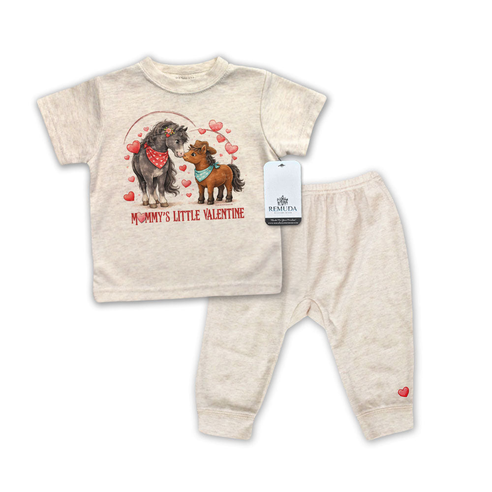 Mommy’s Little Valentine Cowboy oatmeal infant western boys 2 piece pajamas with mare and foal horse design