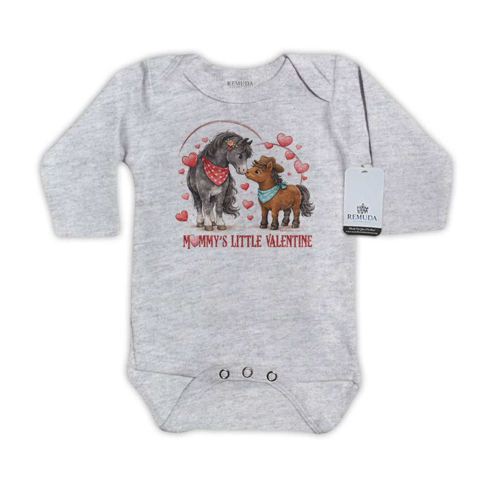 Mommy’s Little Cowboy Valentine gray long sleeve infant one piece western baby romper