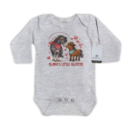 Mommy’s Little Cowboy Valentine gray long sleeve infant one piece western baby romper