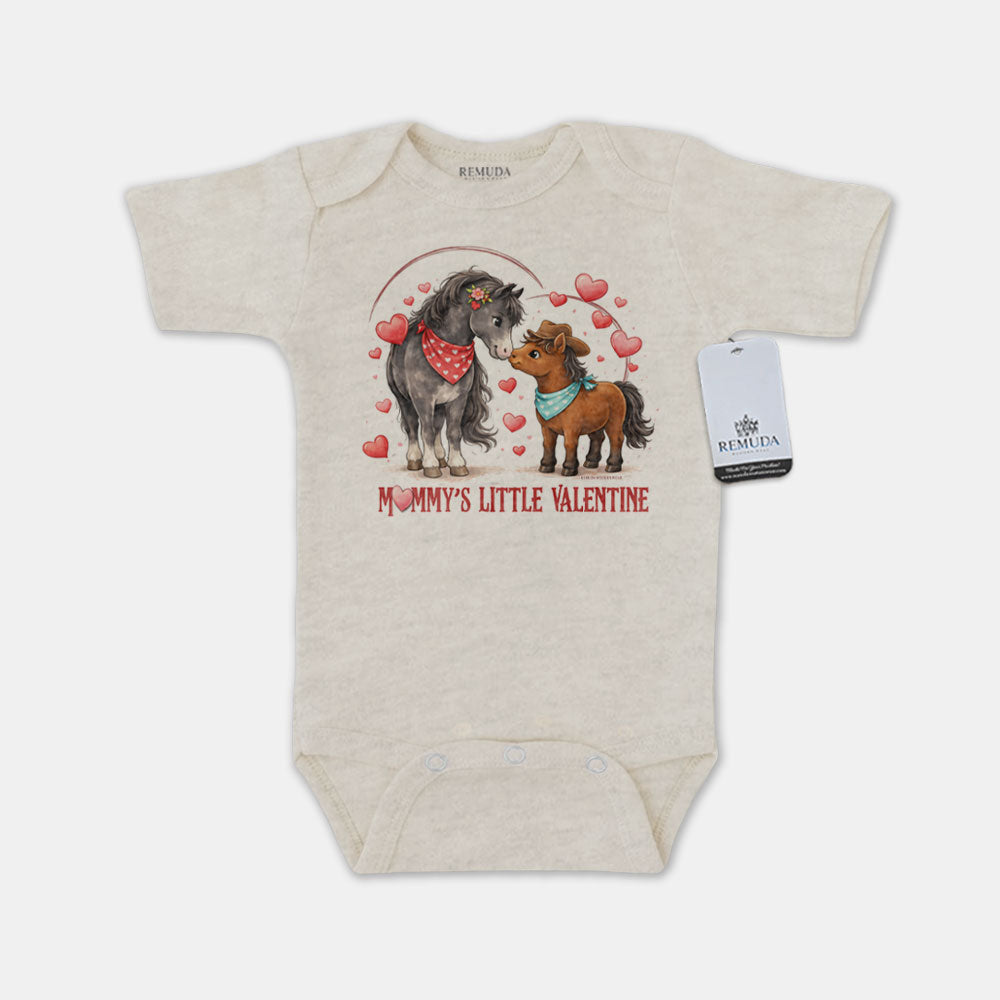 Mommy’s Little Cowboy Valentine oatmeal short sleeve infant one piece western baby romper