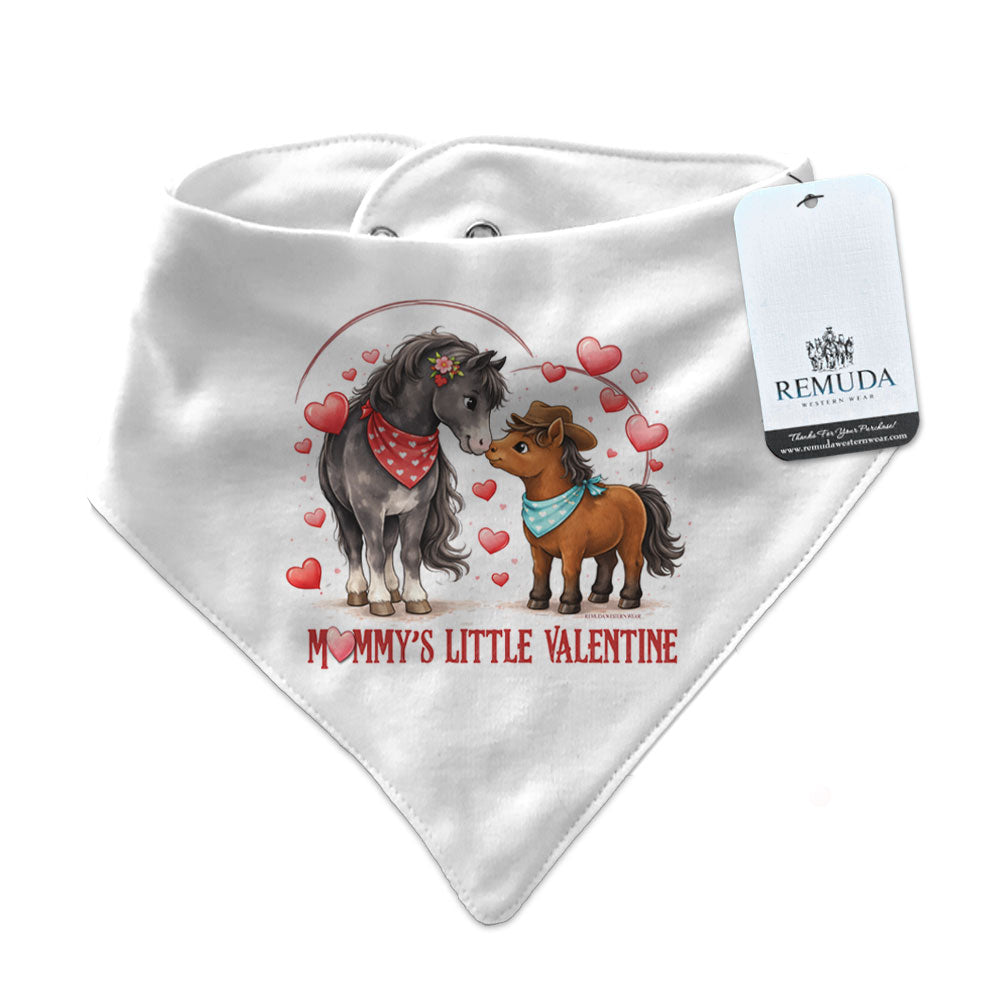 Mommy’s Little Valentine Cowboy white infant western bandana bib with mare and foal horse design
