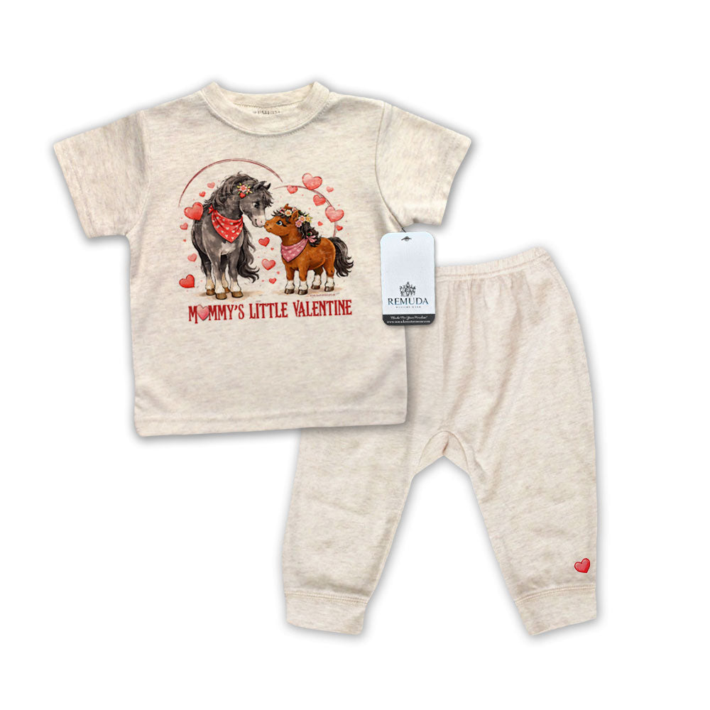 Mommy’s Little Valentine Cowgirl oatmeal infant western girls 2 piece pajamas with mare and foal horse design