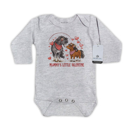 Mommy’s Little Cowgirl Valentine gray long sleeve infant one piece western baby romper