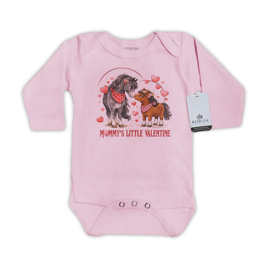 Mommy’s Little Cowgirl Valentine pink long sleeve infant one piece western baby romper