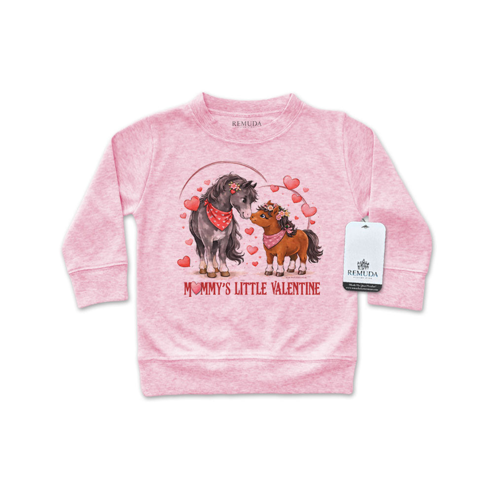 Mommy’s Little Valentine Cowgirl pink infant girls long sleeve western shirt with mare and foal horses design