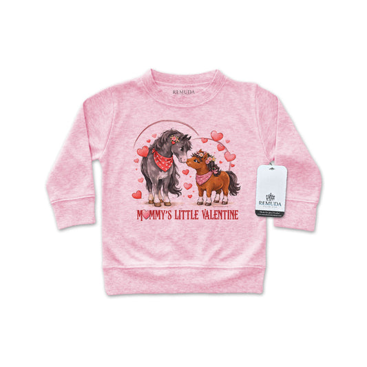 Mommy’s Little Valentine Cowgirl pink infant girls long sleeve western shirt with mare and foal horses design