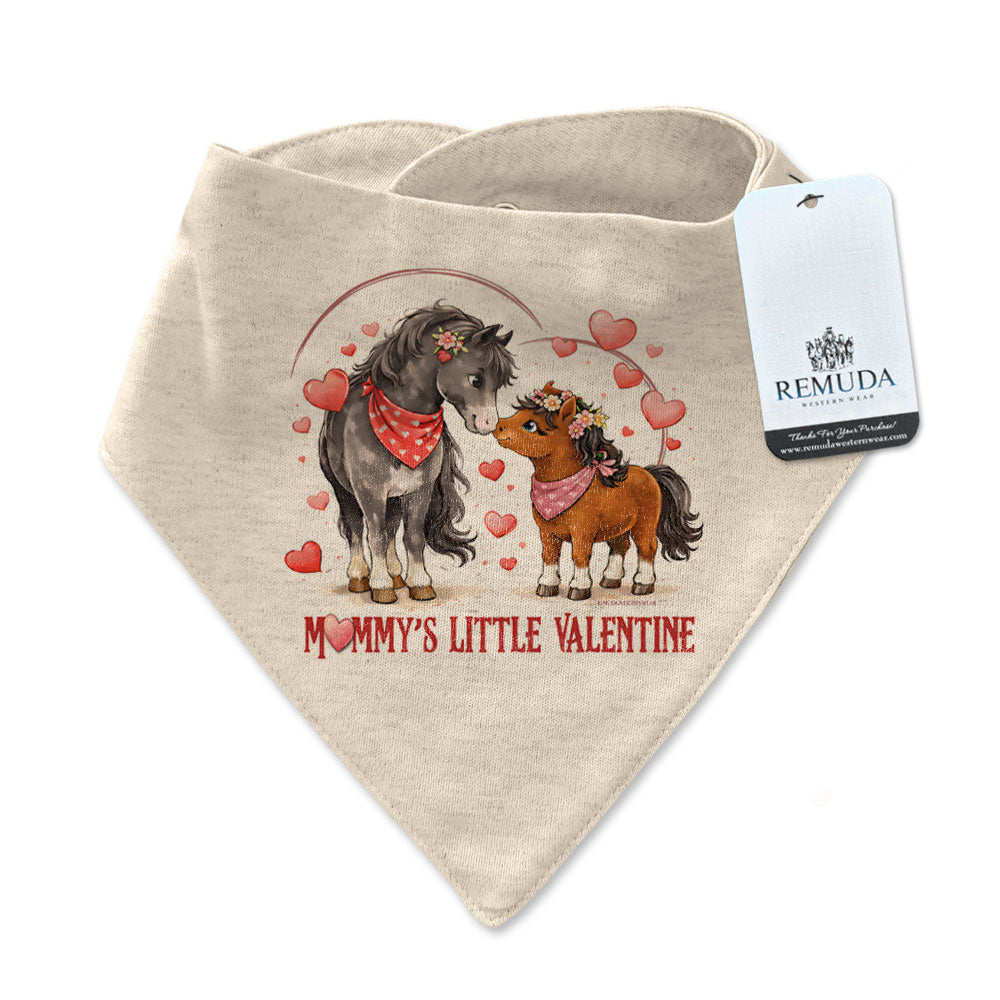 Mommy’s Little Valentine Cowgirl oatmeal infant western bandana bib with mare and foal horse design