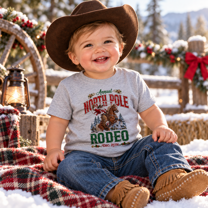 Smiling baby wearing a North Pole Christmas Rodeo Western Santa T-Shirt, blue jeans, brown cowboy hat, and moccasins in a festive, snowy Western Christmas setting.