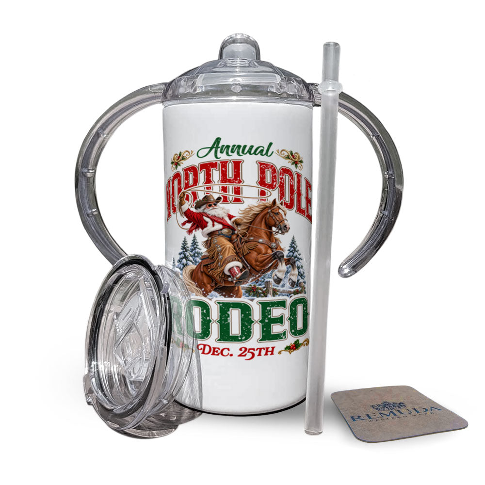 A North Pole Rodeo Infant & Toddler Kids Western Christmas Sippy Cup with a transition lid and a straw on a solid white background.