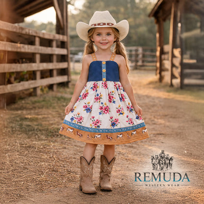 Girls western "Petals & Ponies" floral dress with a navy bodice with yellow buttons, soft wildflower skirt, running horse hem, and crossed back straps.