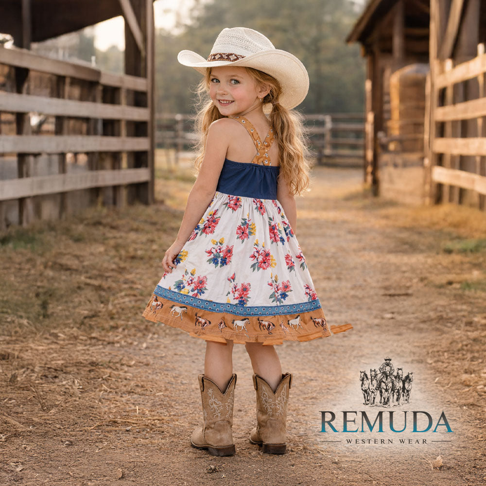 Back view of girls western "Petals & Ponies" floral dress showing crossed back straps, flowing wildflower skirt, and horse print hem.