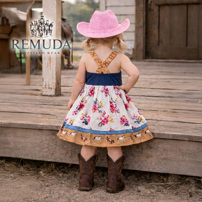 Back view of girls western "Petals & Ponies" floral dress showing crossed back straps, flowing wildflower skirt, and horse print hem.