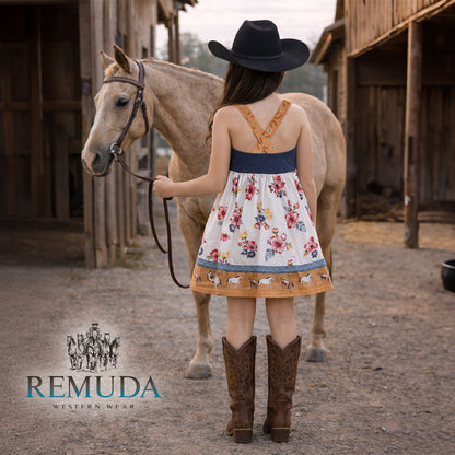 Back view of youth girls western "Petals & Ponies" floral dress showing crossed back straps, flowing wildflower skirt, and horse print hem.