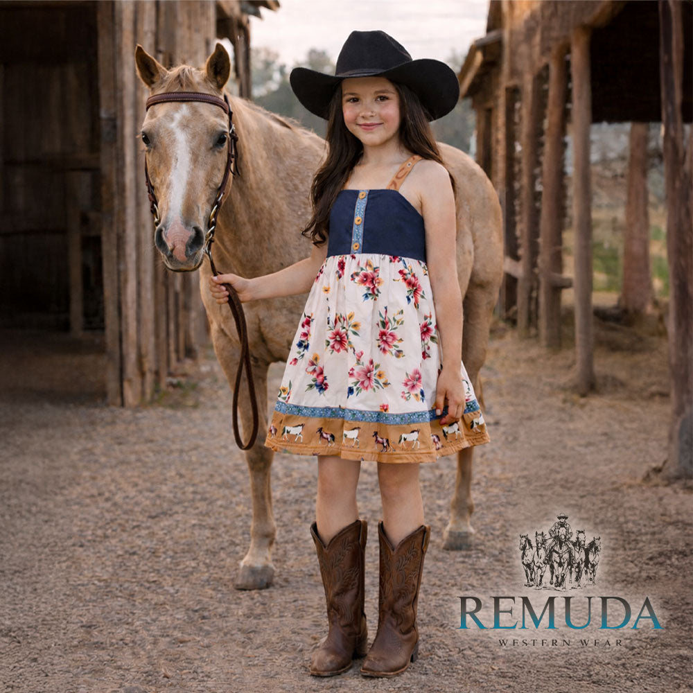 Youth girls western "Petals & Ponies" floral dress with a navy bodice with yellow buttons, soft wildflower skirt, running horse hem, and crossed back straps.
