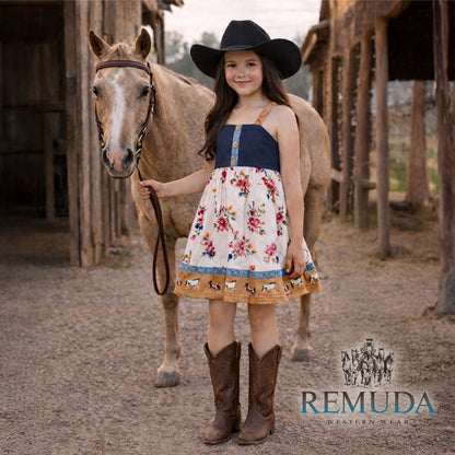 Youth girls western "Petals & Ponies" floral dress with a navy bodice with yellow buttons, soft wildflower skirt, running horse hem, and crossed back straps.