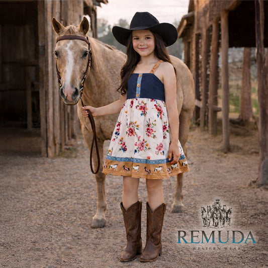 Youth girls western "Petals & Ponies" floral dress with a navy bodice with yellow buttons, soft wildflower skirt, running horse hem, and crossed back straps.