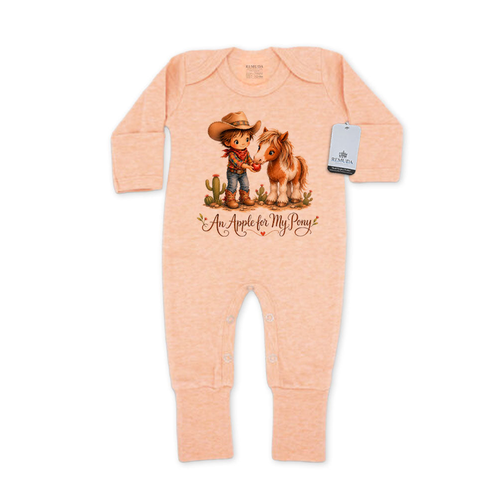 Pony Pals An Apple For My Pony Infant Western Boys One-Piece Footed Pajamas W/Mittens in the color cantaloupe on a solid white background