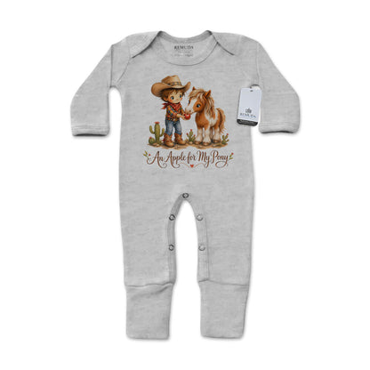 Pony Pals An Apple For My Pony Infant Western Boys One-Piece Footed Pajamas W/Mittens in the color gray on a solid white background