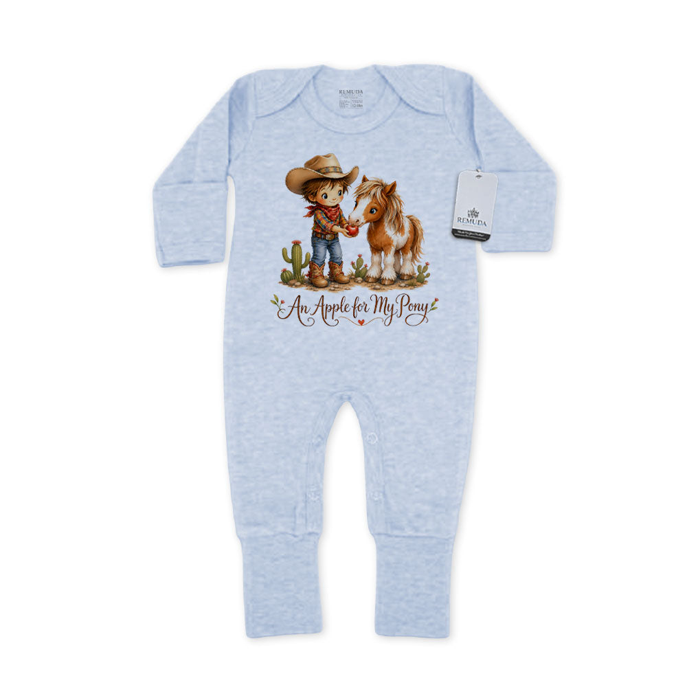 Pony Pals An Apple For My Pony Infant Western Boys One-Piece Footed Pajamas W/Mittens in the color ice blue on a solid white background