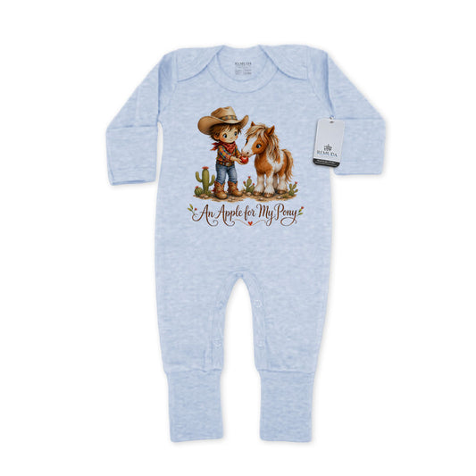 Pony Pals An Apple For My Pony Infant Western Boys One-Piece Footed Pajamas W/Mittens in the color ice blue on a solid white background