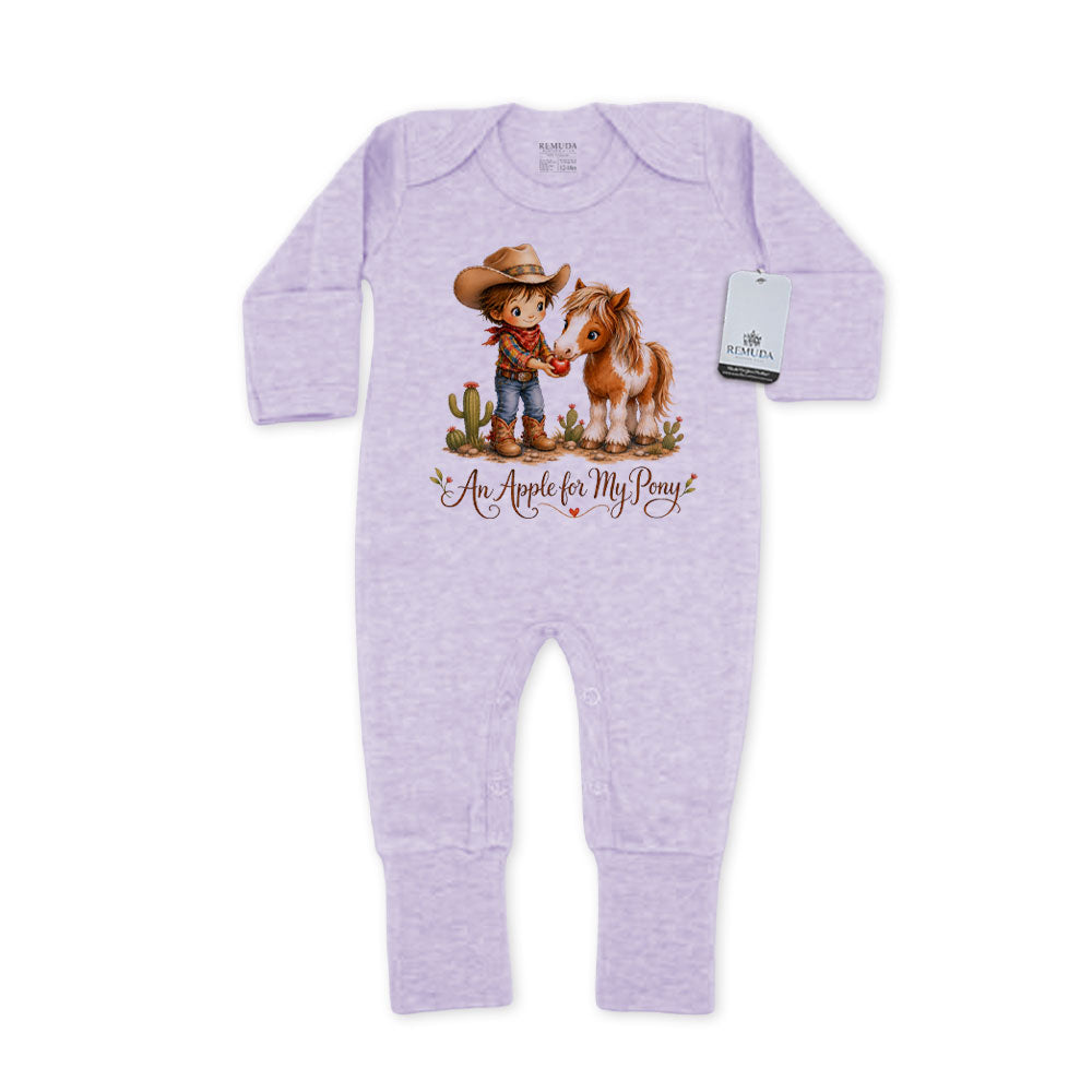Pony Pals An Apple For My Pony Infant Western Boys One-Piece Footed Pajamas W/Mittens in the color dusty wisteria purple on a solid white background
