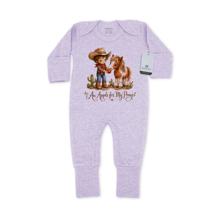 Pony Pals An Apple For My Pony Infant Western Boys One-Piece Footed Pajamas W/Mittens in the color dusty wisteria purple on a solid white background