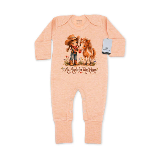 Pony Pals An Apple For My Pony  Infant Western Girls One-Piece Footed Pajamas W/Mittens in the color cantaloupe on a pure white background