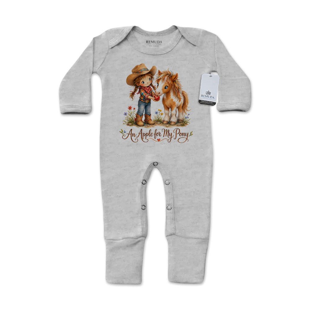 Pony Pals An Apple For My Pony Infant Western Girls One-Piece Footed Pajamas W/Mittens in heather gray