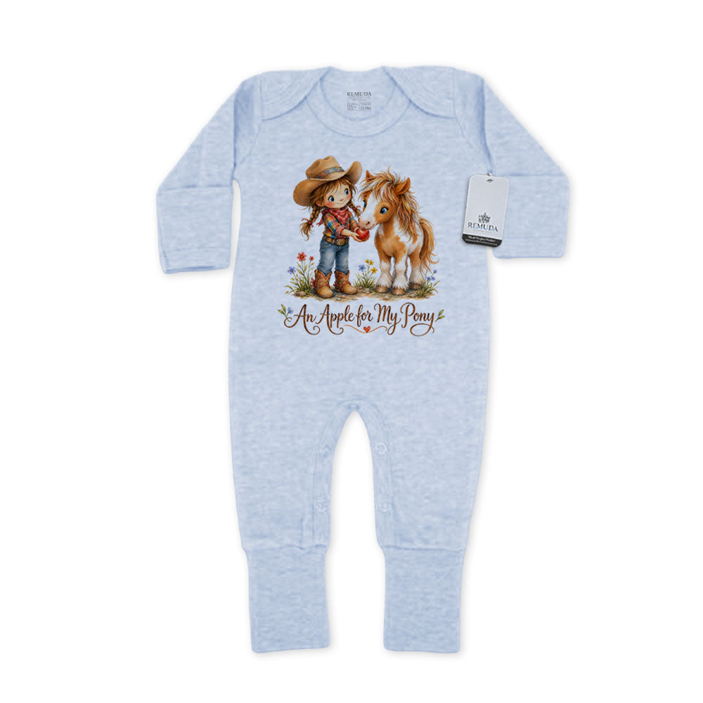 Pony Pals An Apple For My Pony  Infant Western Girls One-Piece Footed Pajamas W/Mittens in the color ice blue on a pure white background
