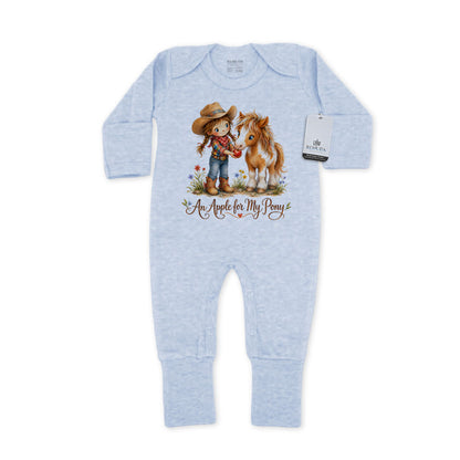 Pony Pals An Apple For My Pony  Infant Western Girls One-Piece Footed Pajamas W/Mittens in the color ice blue on a pure white background