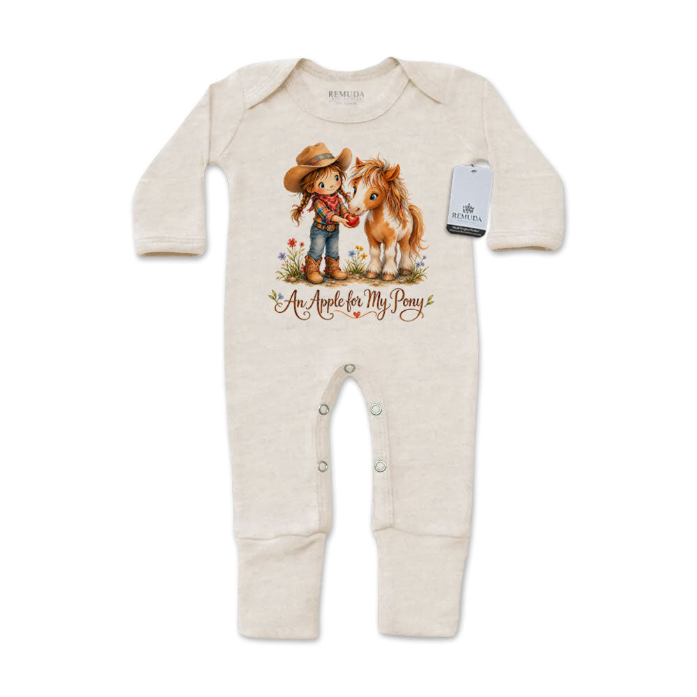 Pony Pals An Apple For My Pony Infant Western Girls One-Piece Footed Pajamas W/Mittens in oatmeal on a white background
