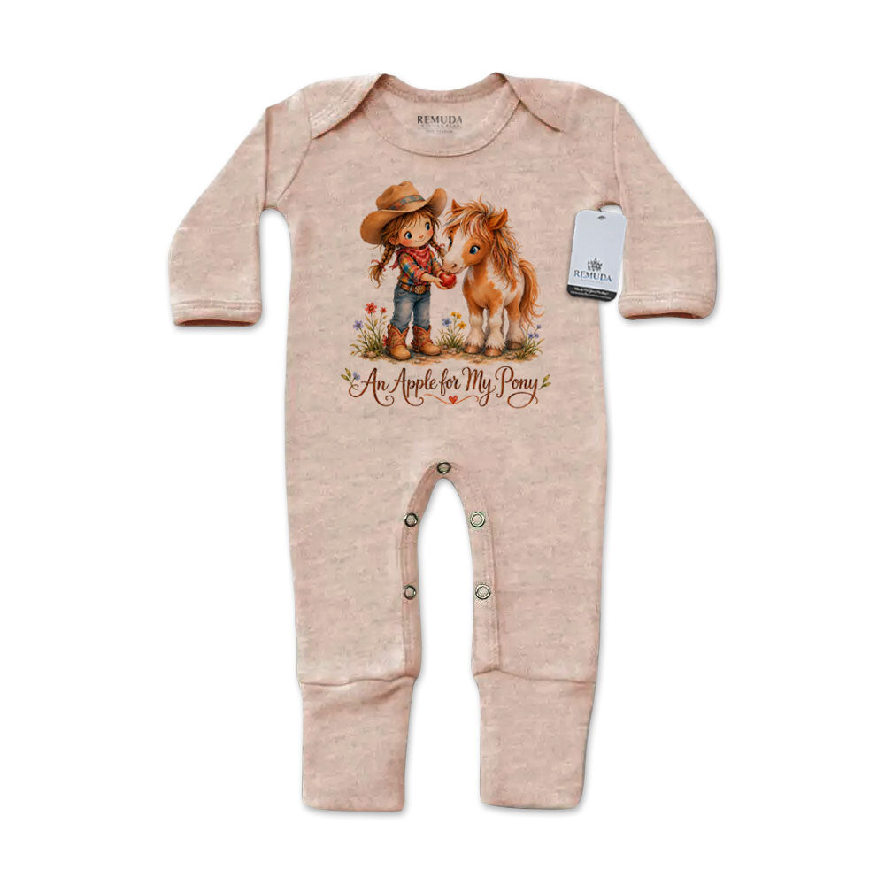 Pony Pals An Apple For My Pony Infant Western Girls One-Piece Footed Pajamas W/Mittens in sandstone color on a white background