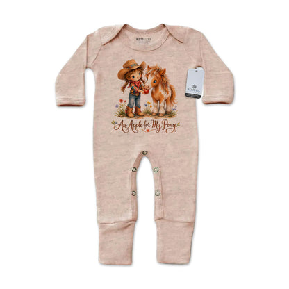Pony Pals An Apple For My Pony Infant Western Girls One-Piece Footed Pajamas W/Mittens in sandstone color on a white background