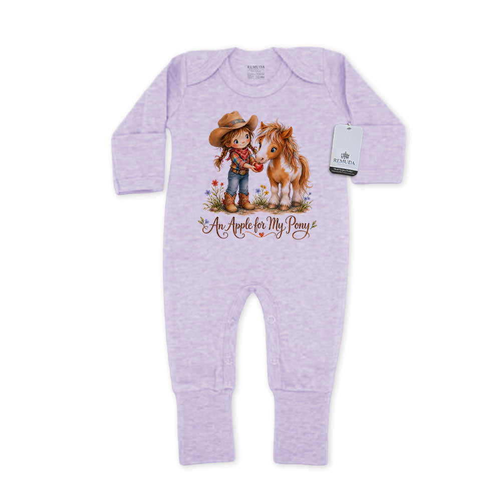 Pony Pals An Apple For My Pony  Infant Western Girls One-Piece Footed Pajamas W/Mittens in the color wisteria purple on a pure white background