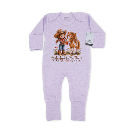 Pony Pals An Apple For My Pony  Infant Western Girls One-Piece Footed Pajamas W/Mittens in the color wisteria purple on a pure white background