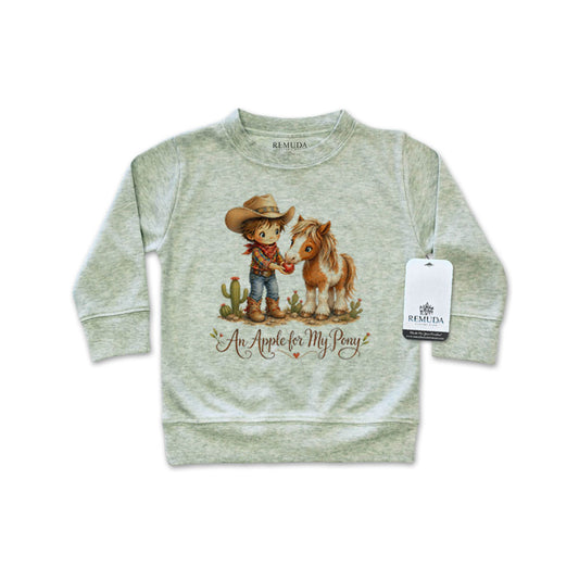 Pony Pals An Apple For My Pony Western Infant Boys Long Sleeve Pullover Shirt in sage green